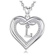 925 Sterling Silver Initial Necklace for Women, Cubic Zirconia Double Heart