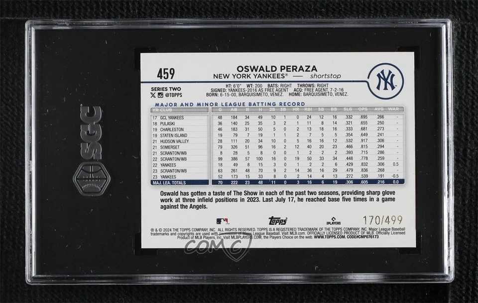 2024 Topps Serie 2 Lámina Verde/499 Oswald Peraza #459 SGC 9,5 Como Nuevo+ Foto 2 de 2