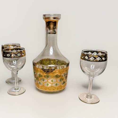 Antique Crystal Decanter with Matching Stemware all Gold Incrested with Emerald