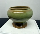 Vintage Frankoma Prairie Green Brown Footed Round Flower Vase Planter MCM 22S