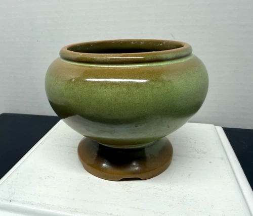 Vintage Frankoma Prairie Green Brown Footed Round Flower Vase Planter MCM 22S