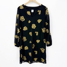 Cabi Shift Dress M Womens Black Gold Embroidered Floral Swiss Dot Chiffon Party
