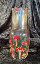 Hand Painted Mushroom Design Clear Glass Bedside Water Carafe Unmarked 9.5" H