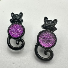 Vintage Black & Purple Rhinestone Cat Earrings Whimsical Halloween Style
