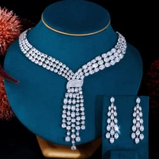 Dangle Tassel Drop CZ Big Bridal Wedding Party Necklace and Earrings Jewelry Set