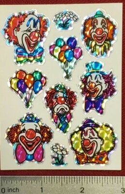 Vintage 80's Shiny Prizm Clowns, Balloons, Daisies Stickers - 1 sheet