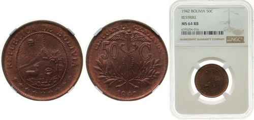 Bolivia 1942 50 Centavos Brass (95% Copper, 5% Zinc) NGC MS 64 RB