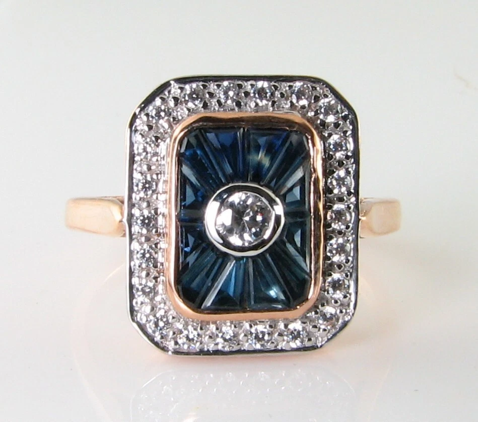 Anillo Cluster 9K Oro Rosa, Zafiro Diamante Rose Gold, Talla Francesa