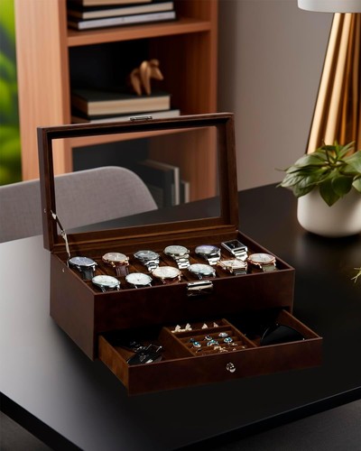 Elegant 12-Slot Watch Box with Glass Lid - Faux Leather Organizer for Men - Picture 4 of 9