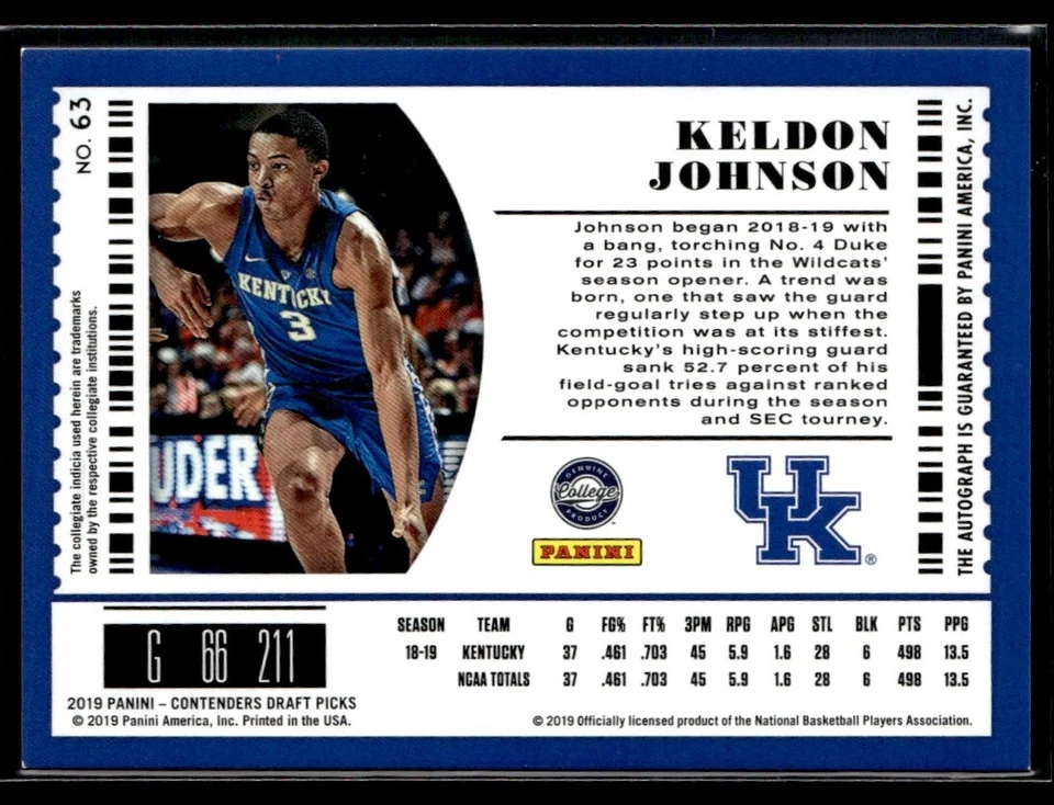 2019 Panini Contenders Draft Picks Keldon Johnson Rookie Auto /15 - Image 2 of 2