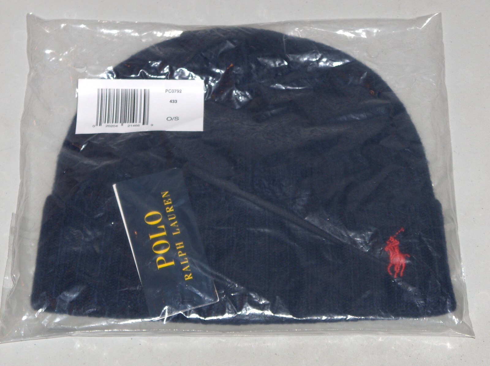 POLO RALPH LAUREN Cappello Uomo Lana Maglia Cavi Pony Beanie Berretto Sci BLU NAVY Nuovo con etichette