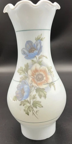 Vintage Milk Glass Transfer Blue Flowers Chimney with Ruffled Top and Blue Lines