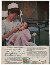 Vintage Pampers Print Ad 1976 Nurse Newborn Baby with Hair Hospital Nursery