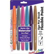 Pentel Arts Sign Pen Touch, Fude Brush Tip, Fashion Colors, Pack of 6 SES15CBP6