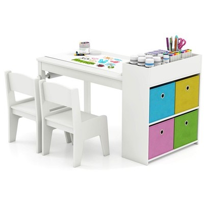 Kids Art Table & Chairs Set w/Paper Roll Wooden Craft Study Desk Active Play
