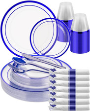 175 Pcs Clear Blue Disposable Plastic Plates Party Supplies