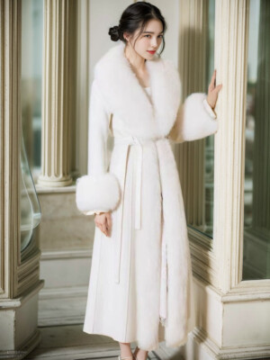 Winter Slim Fit Long Wool Trench Coat Luxurious Imitation Fox Fur