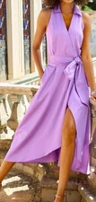 Boston Proper Poplin Fit and Flare Faux Wrap Midi Dress 6 Lilac $140 MSRP
