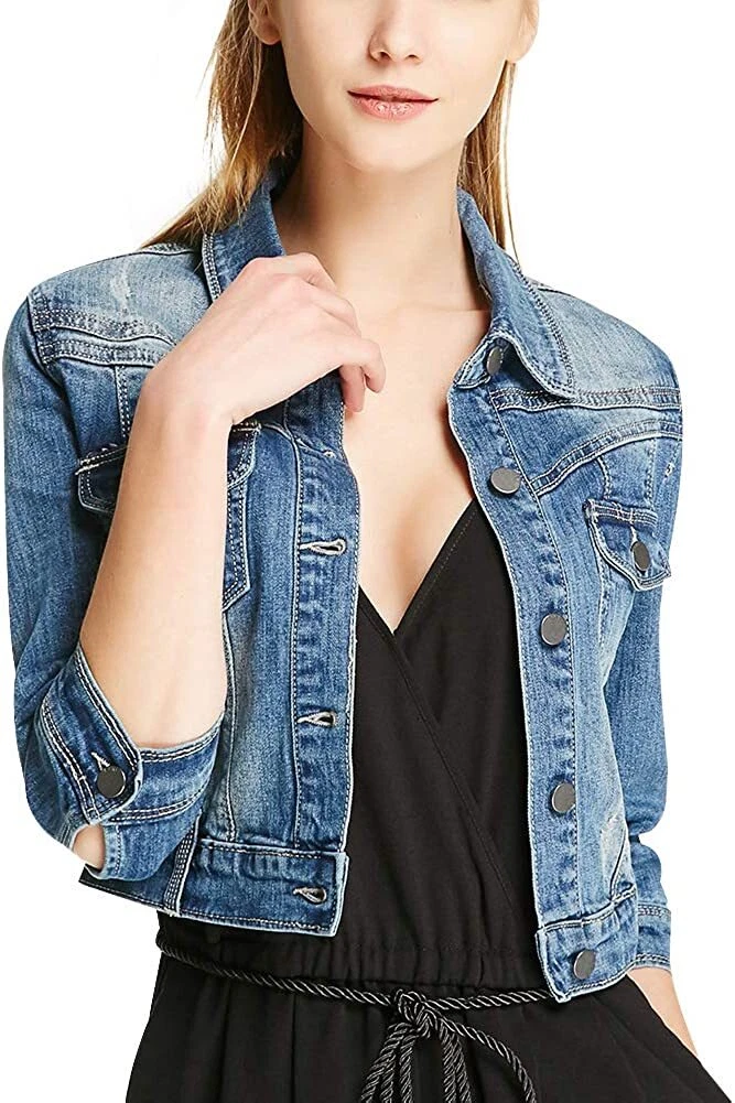 SUSIELADY Women Casual Denim Jacket Jeans Tops Half Sleeve Trucker