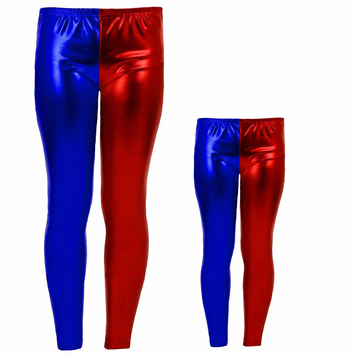 MOTHER & DAUGHTER RED & BLUE METALLIC LEGGINGS HALLOWEEN COSTUMES OUTFITS  KIDS