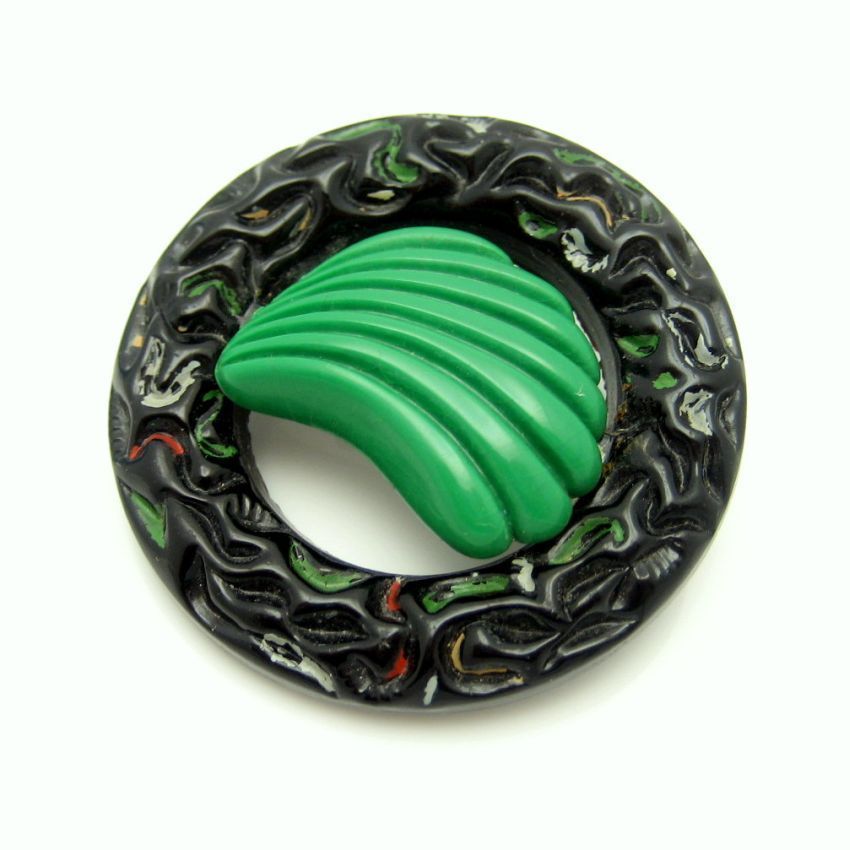 Vintage Brooch Pin Nouveau Style Large Black Glass Circle Green Shell ...