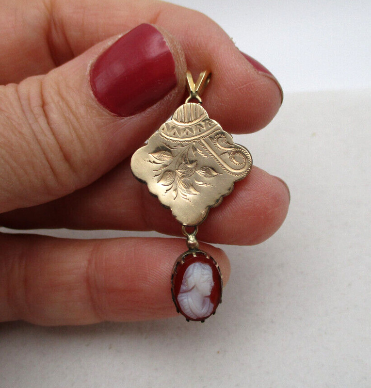 Victorian Antique Gold Filled Etched Cameo Dangle Pendant [P39]