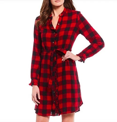 NWT Lucky brand Mackenzie Buffalo Plaid Ruffle Trim Button Front Shirt Dress