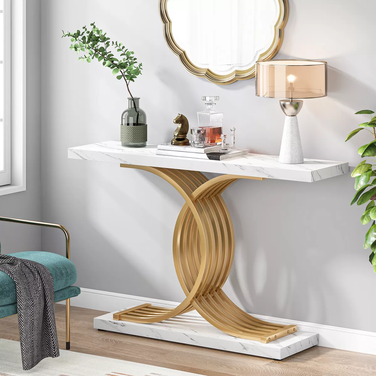 White Modern Console Table Entryway Hallway Faux Marble Sofa Table