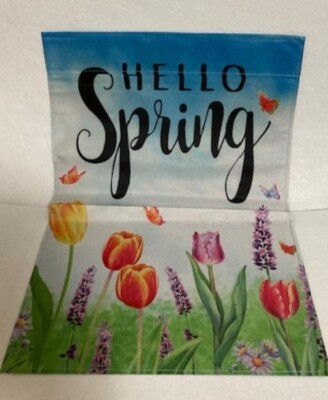 Garden Flag - Hello Spring - Flowers, Tulips & Butterflies - 18" X 12 ...