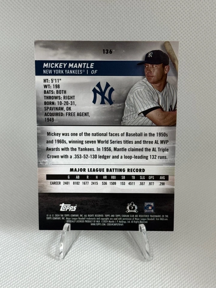 2024 Stadium Club Chrome #136 Mickey Mantle Green Refractor - Yankees - Image 2 of 2