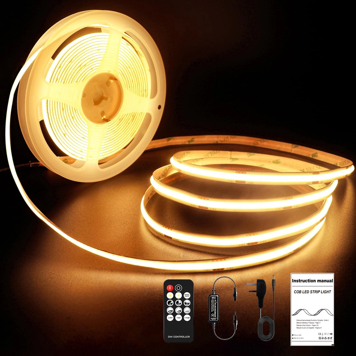 ROUKLE 8mm COB LED Strip Light - 5M Dimmable 24V Super Bright Tape Lights CRI90+