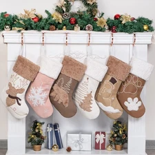 Christmas Stockings 6 Pack for Family Soft Pleather with Rope Stitch Embroide...