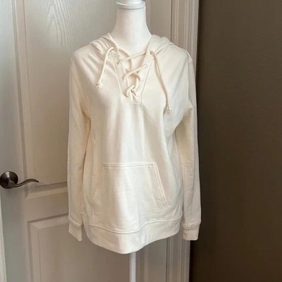 J. CREW    Womens S Small   Cream/Off-White/Ivory  Lace-Up Hoodie Sweatshirt