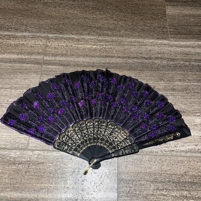 16 1/2'' Vintage oriental floral silk Fancy FOLD OUT hand  FAN sequins   EUC