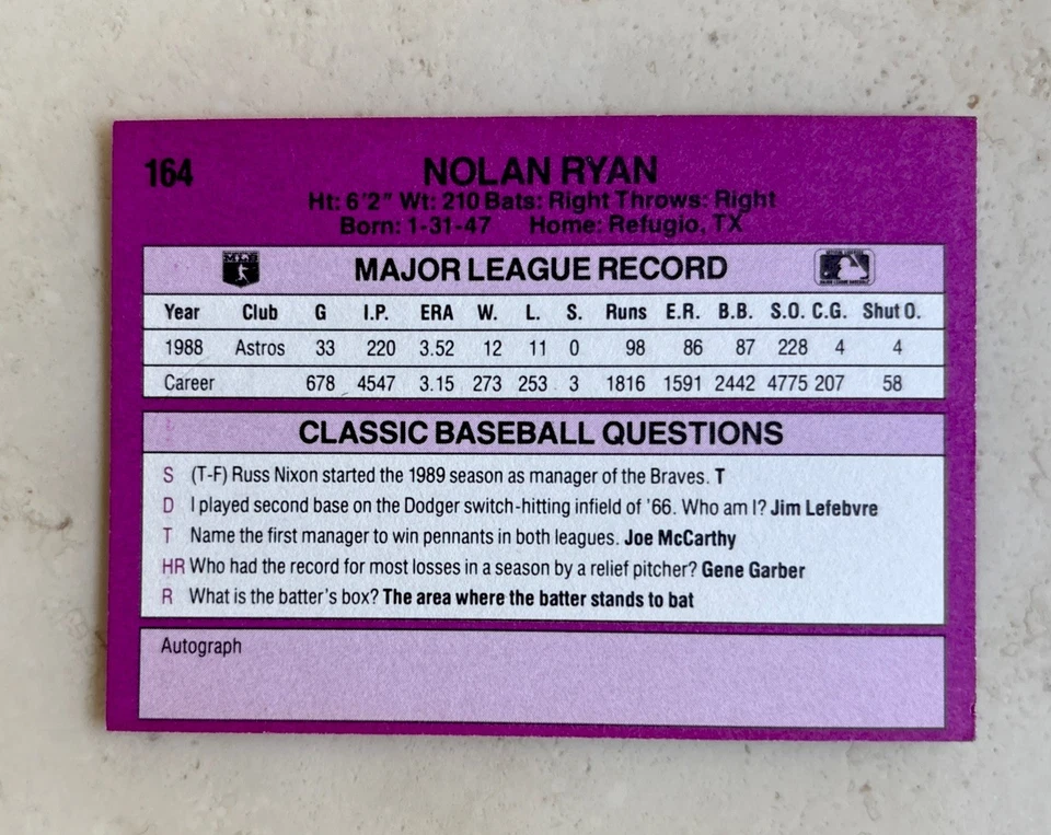Nolan Ryan - 1989 Classic Travel Edition #164 - Texas Rangers HOF - Image 2 of 2