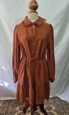 New Look Rust Brown Peter Pan Collar Ruffle Tea Shirt Dress Long Sleeve Boho 14