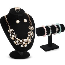 2 Pcs Black Velvet Jewelry Display Set Necklace Mannequin Bust Stand T Bar
