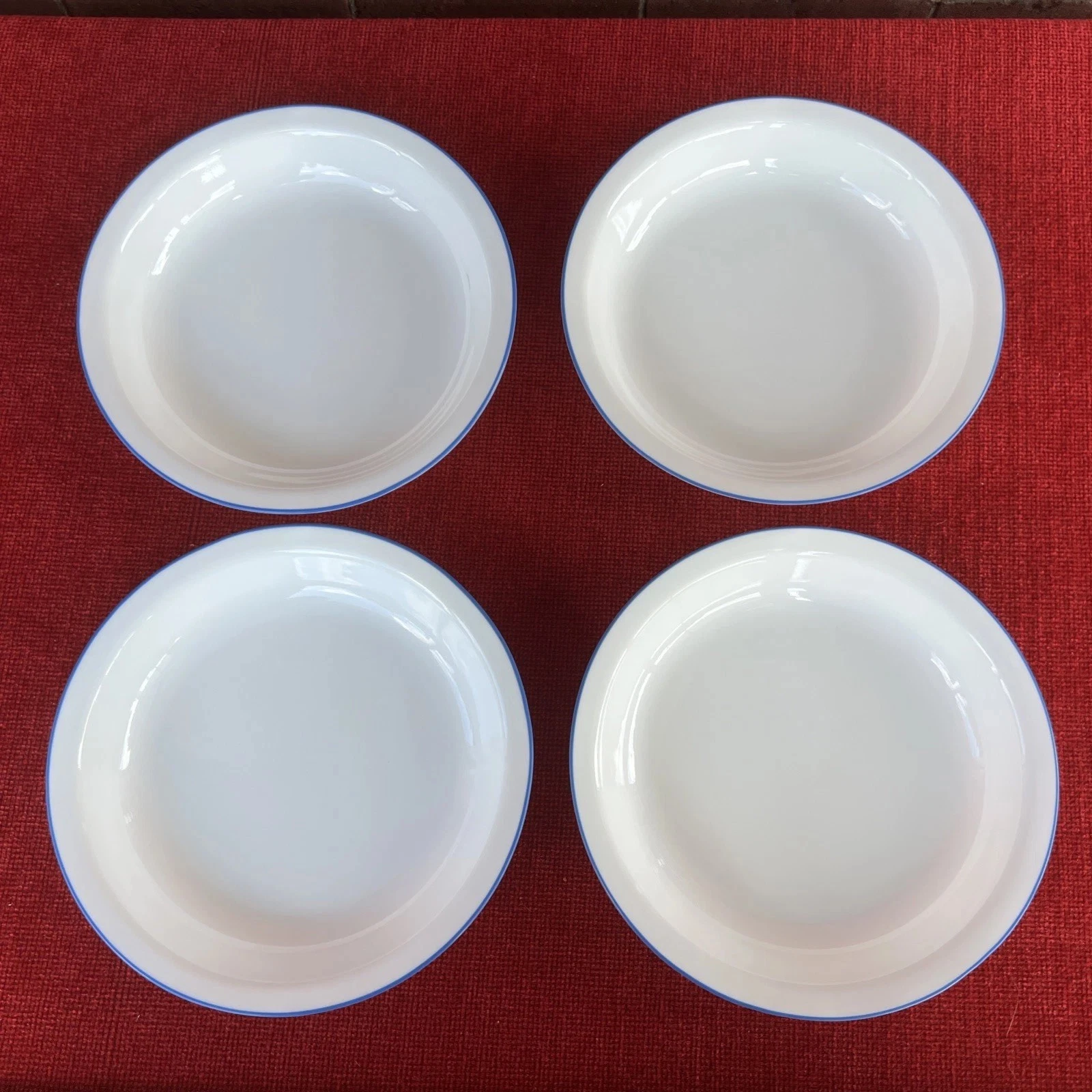 Corelle 10” Dish Pie Plate Pasta Bowl HTF White Blue Rim Made in USA Set of 4