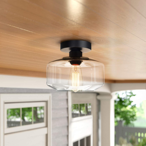 Industrial Semi Flush Mount Ceiling Light, Clear Glass Pendant Lamp Shade, Farmh - Picture 4 of 12