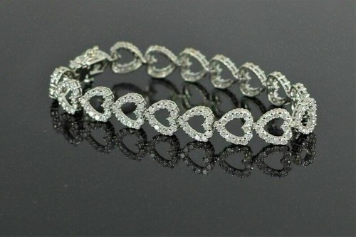 925 Sterling Silver Tennis Heart Bracelet White Pave Diamond Jewelry