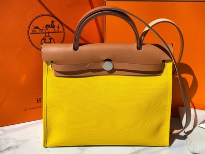 HERMES HERBAG 31 YELLOW JAUNE DE NAPLES CANVAS NATUREL LEATHER BAG PHW NEW