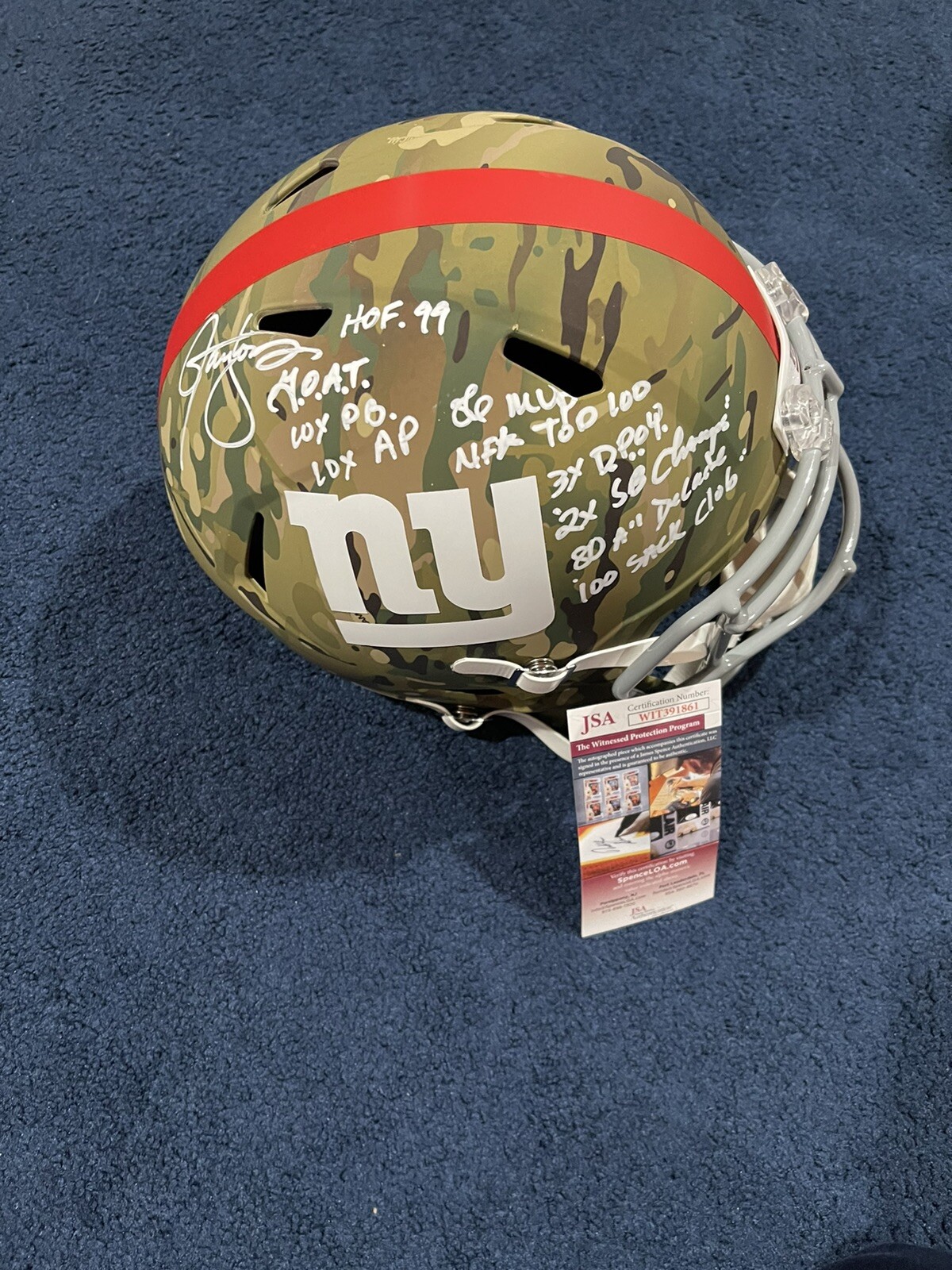 Lawrence Taylor- Autographed Signed Giants Camo Stat Helmet JSA Goat HOF 99 10 Inscriptions 