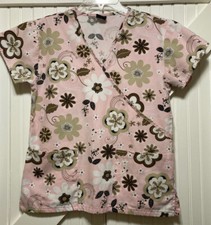 MG Medgear Scrub Top Light Pink And Brown Floral Print Size XS