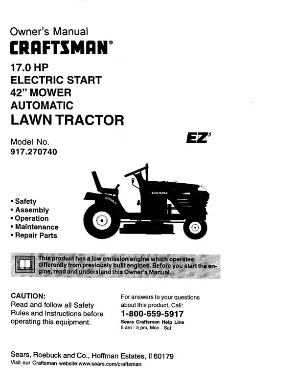 Owner s Manual Sears Craftsman 17.0 HP Lawn Tractor 42 Mower