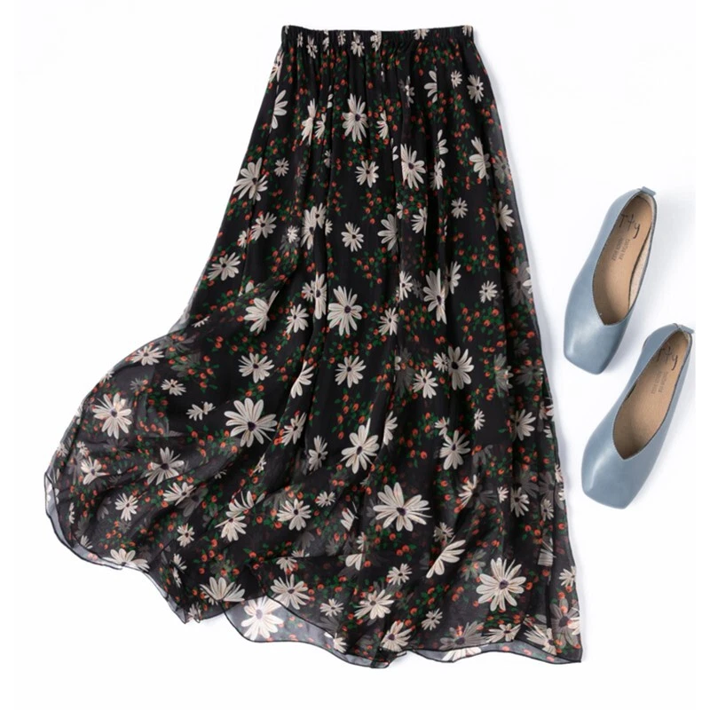 100% Mulberry Silk Double Layer Black Floral Print Women Skirt With Lining M1340