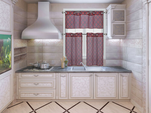 3PC KITCHEN PRINTED 2 TONE VOILE SHEER WINDOW CURTAIN VALANCE AND TIER PANEL - Picture 4 of 13