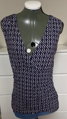 Vintage 90er H&M marineblau geometrisches Top Faux Wickeloptik V-Ausschnitt gerafft ärmellose Bluse Medium 12