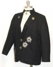 BLACK WOOL JACKET Austria Women Hunting EMBR FLOWERS Winter Over Coat L B46"