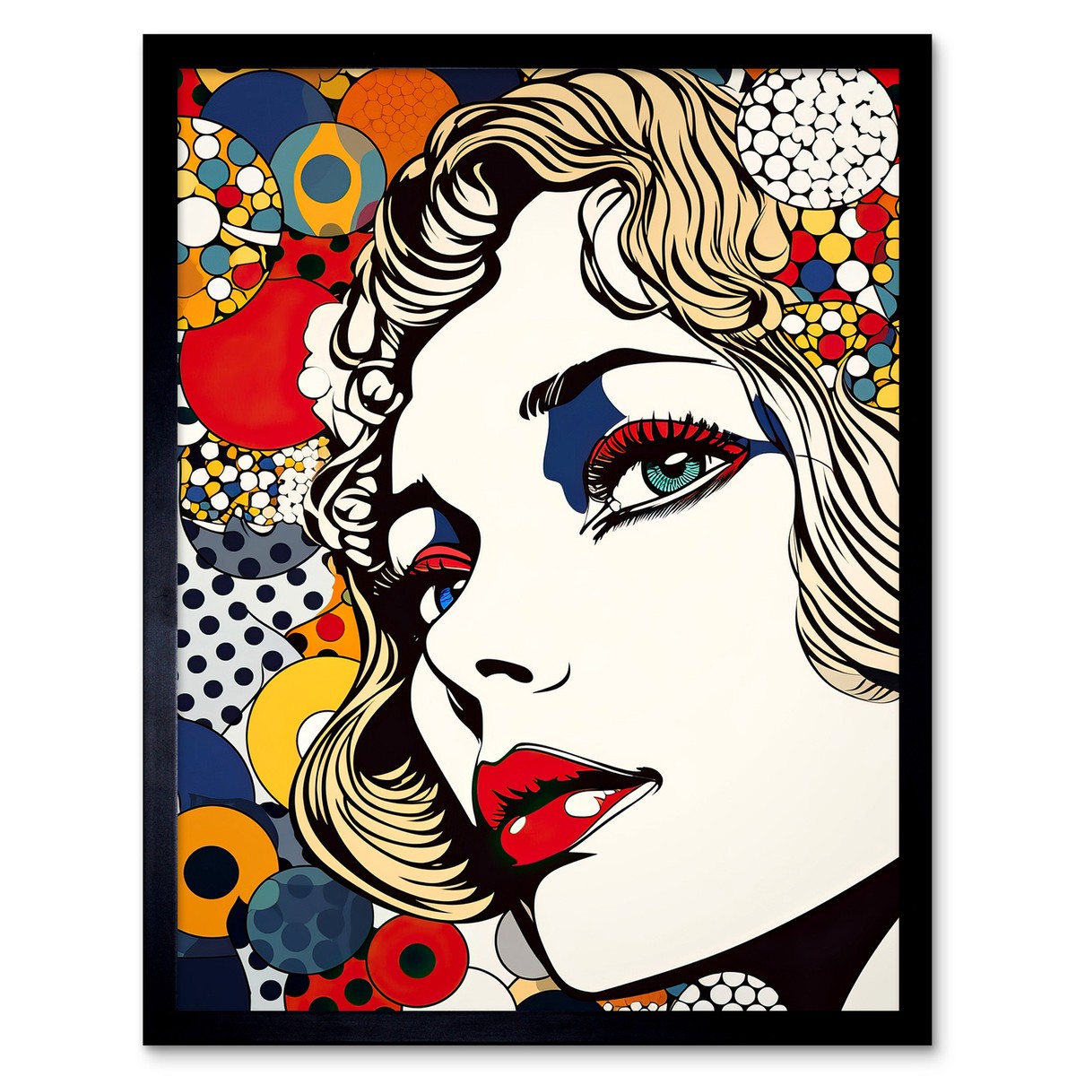 Bright Woman Face with Geometric Patterns Bubbles Pop Art