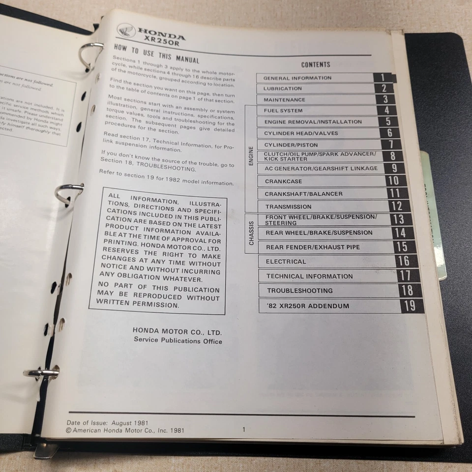 Honda XR250R 81 82 Manual de taller Original Fábrica OEM Libro de reparación Motocicleta 7 orificios Foto 4 de 4